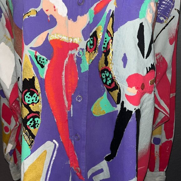 KOLORWAY Hand Painted Denim Button Down New Orleans Jazz Mardi Gras Shirt Top - Picture 3 of 10